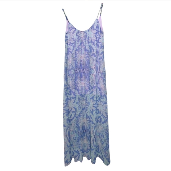Show Me Your Mumu Blue Floral Purple Lined Sheer Trapeze Maxi Dress Women XS - Picture 11 of 12